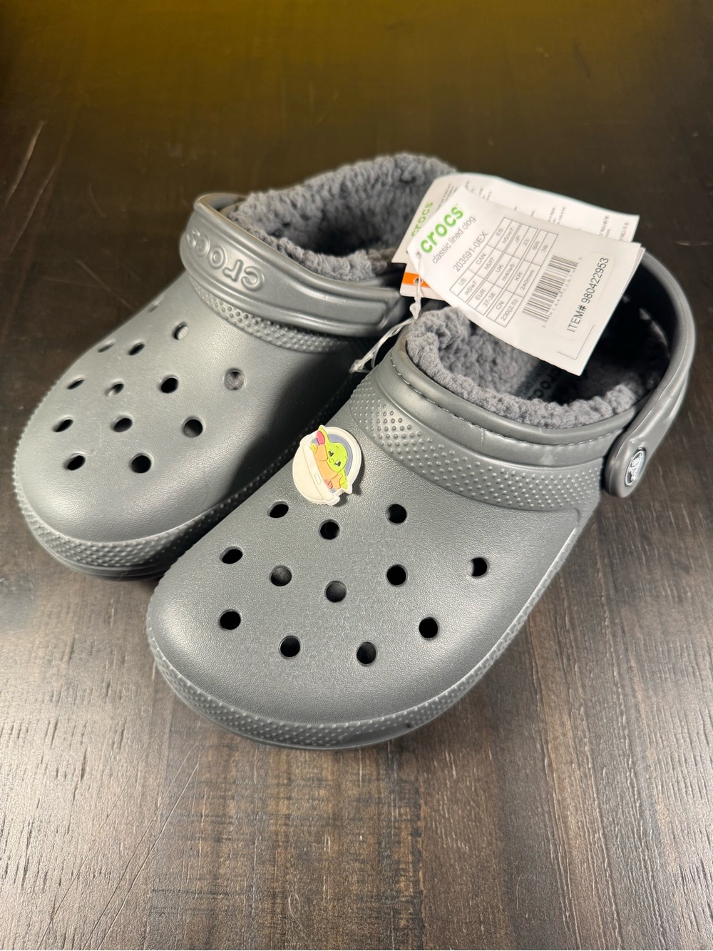 Crocs Classic Lined Clog Slate Grey Men 5 Women 7 NWT With Baby Yoda Jibbitz